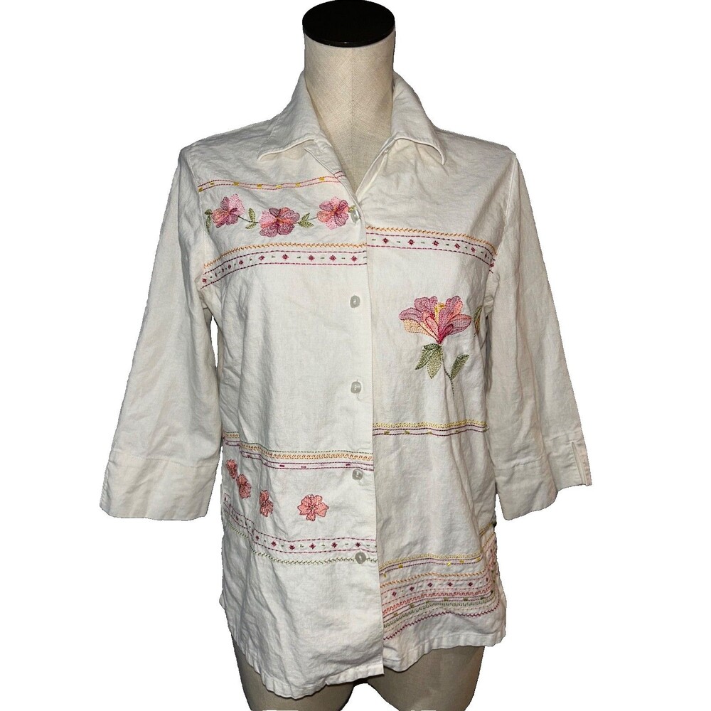 Napa Valley Women’s Vintage Linen Embroidered Beaded Button Down Shirt size M